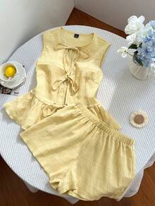 Flirla Bộ đồ 2 món phong cách Y2K thường ngày, đi nghỉ mát, chất liệu vải có họa tiết, thắt nơ ở eo. - Màu vàng - Xem 5
