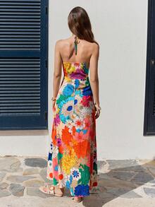 Vivid Eden Vestido de gasa con estampado para primavera y verano con cuello de halter para mujeres - Multicolor - Ver 2