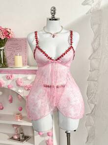 PetitDoll Bộ 2 váy áo hai dây ren lãng mạn, phong cách cô gái ngọt ngào - Hồng - Xem 4