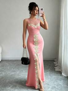 Elenzga Elegant Waist-Slimming Mesh Patchwork Ruffle Hem Women Blouse - Pink - View 6