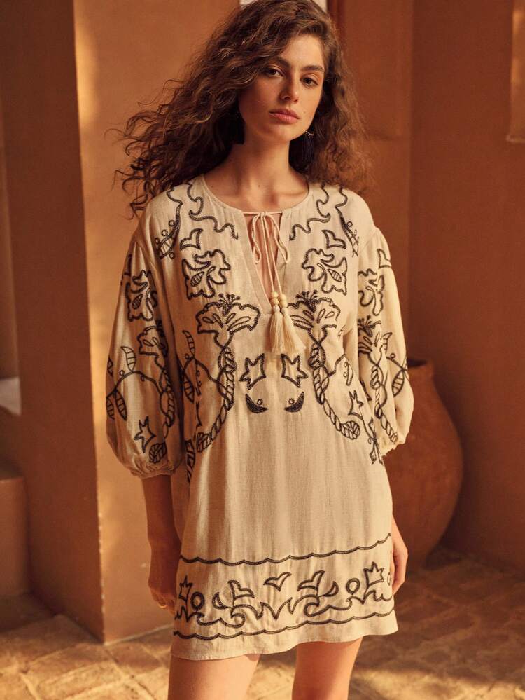 WOMEN'S SPRING/SUMMER LINEN BLEND EMBROIDERED SHORT VACATION DRESS