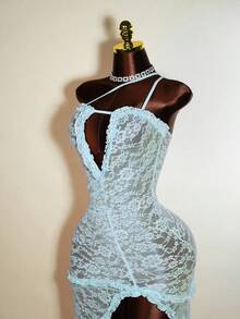 Mistrie Vestido de mujer con hombro descubierto, encaje transparente, volantes y bajo asimétrico - Celeste - Ver 6