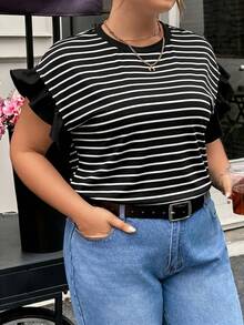 SHEIN CURVE+ 大码女式新款度假休闲通勤工作条纹拼接荷叶边短袖T恤 - 黑色 - 查看 5