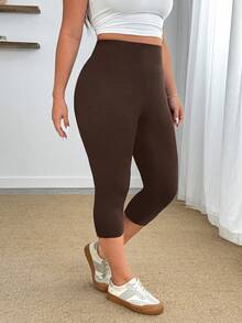 Enliva Plus-Size Solid Color High-Waisted Casual Leggings, 95% Cotton, Stretch Cropped Length Leggings, For Apple And Rounded Body Shape - Brown - View 4
