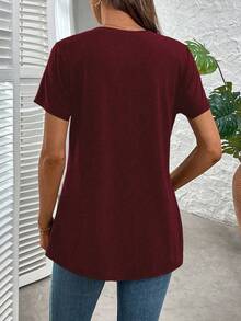EMERY ROSE Plus Size Solid Short-Sleeved Casual V Neck T-Shirt For Summer - Burgundy - View 2