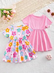 SHEIN 2件套可爱彩色碎花女童短袖连衣裙，舒适日常穿搭，夏季 - 彩色 - 查看 4