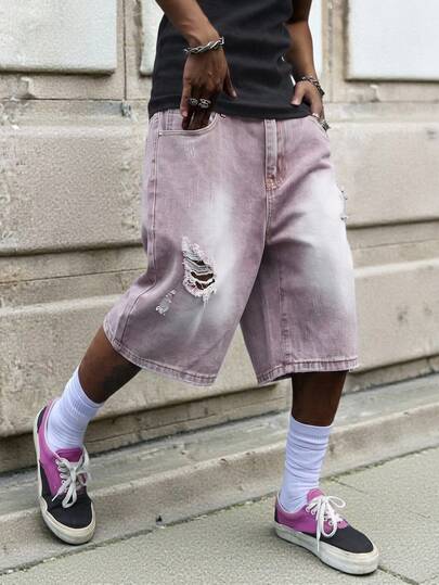 Men's Fashionable Summer Loose Straight Ripped Casual Denim Shorts