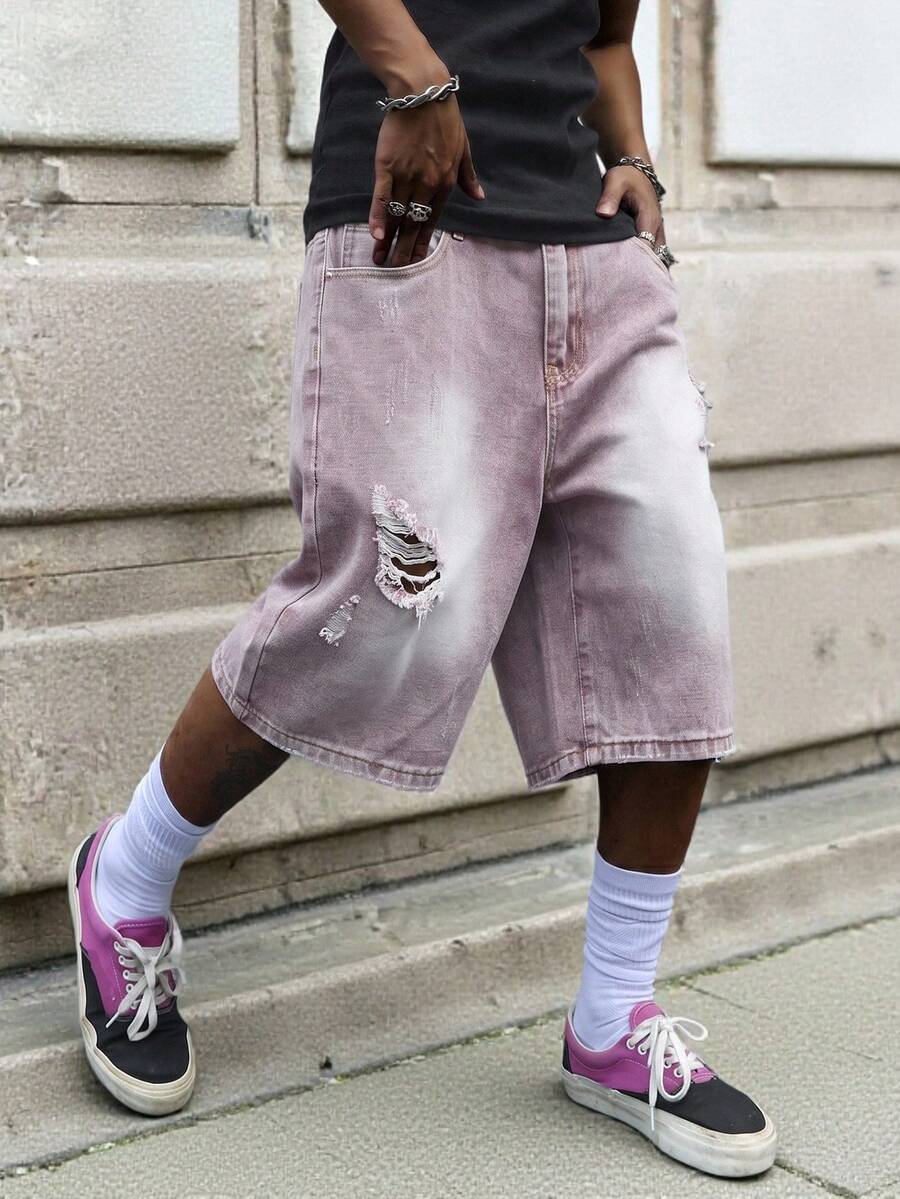 Manfinity EMRG Men's Fashionable Summer Loose Straight Ripped Casual Denim Shorts - Pink - View 1