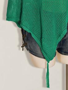 SHEIN ICON Plus Size Women's Green Autumn Boho Sexy Vacation Holiday Retro Y2K Off-Shoulder Tassel Loose Shawl Sweater Top,Millennial Style Urban Modern Beach - Green - View 6