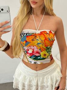 SHEIN Women's Fashion Spaghetti Strap Vintage Sexy Tropical Floral Print Camisole Tank Top Slimming Sleeveless Undershirt Beach Vacation Off-White Summer - Beige - View 7