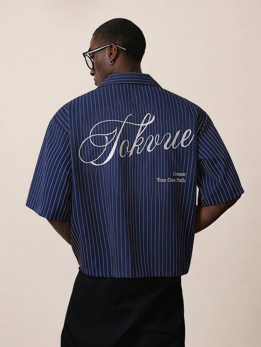 TOKVUE Camisa de manga corta casual de hombre con botones delanteros, bordado de letras y rayas (patrón floral aleatorio), para verano - Multicolor - Ver 1