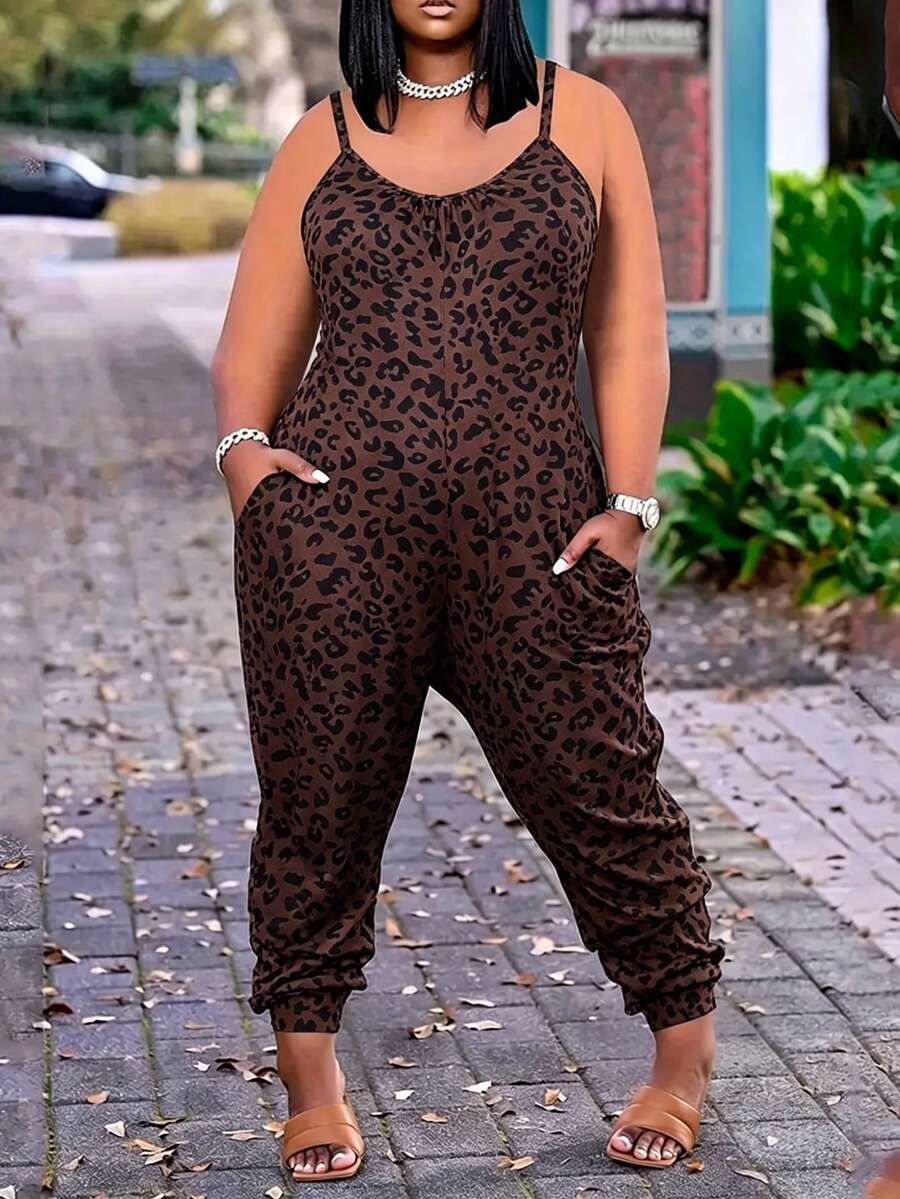 EMERY ROSE Plus Size Women Casual Leopard Print Pocket Jumpsuit - Multicolor - View 1