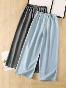 SHEIN 2pcs Tween GirlsJeans Set, Front Waist Bow Decor Design, Sweet & Minimalist, Casual Versatile, Elastic Waist Straight Leg Pants, Soft Cotton Blend Light Blue + Grey Washed Denim Fabric, Suitable For Daily Wear & Vacation - Multicolor - View 2