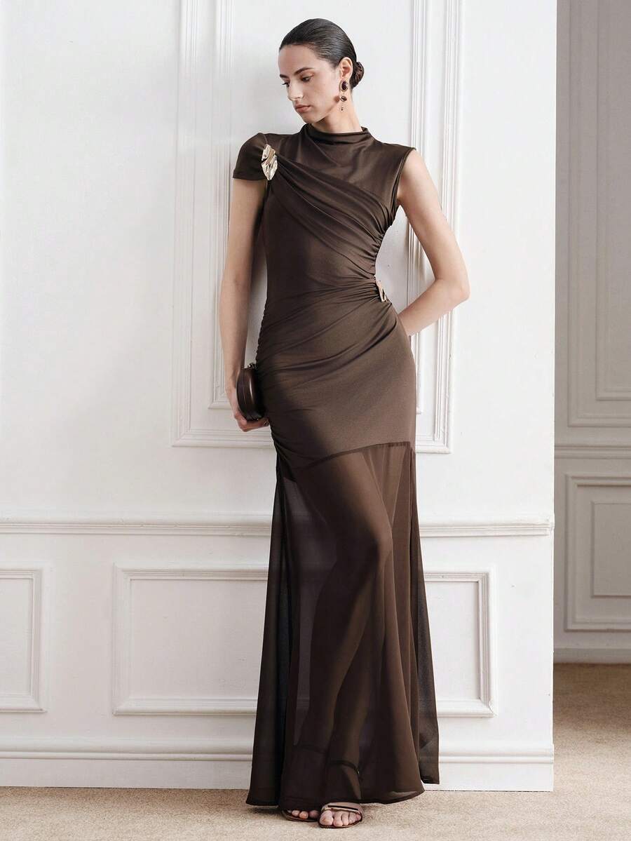 Aveloria Modichic Women's Metal Buckle Ruched Single Sleeve Sheer Mesh Patchwork Waist Dress, Suitable For Evening Parties, Fashion Shows, And Upscale Gatherings - Brown - View 1