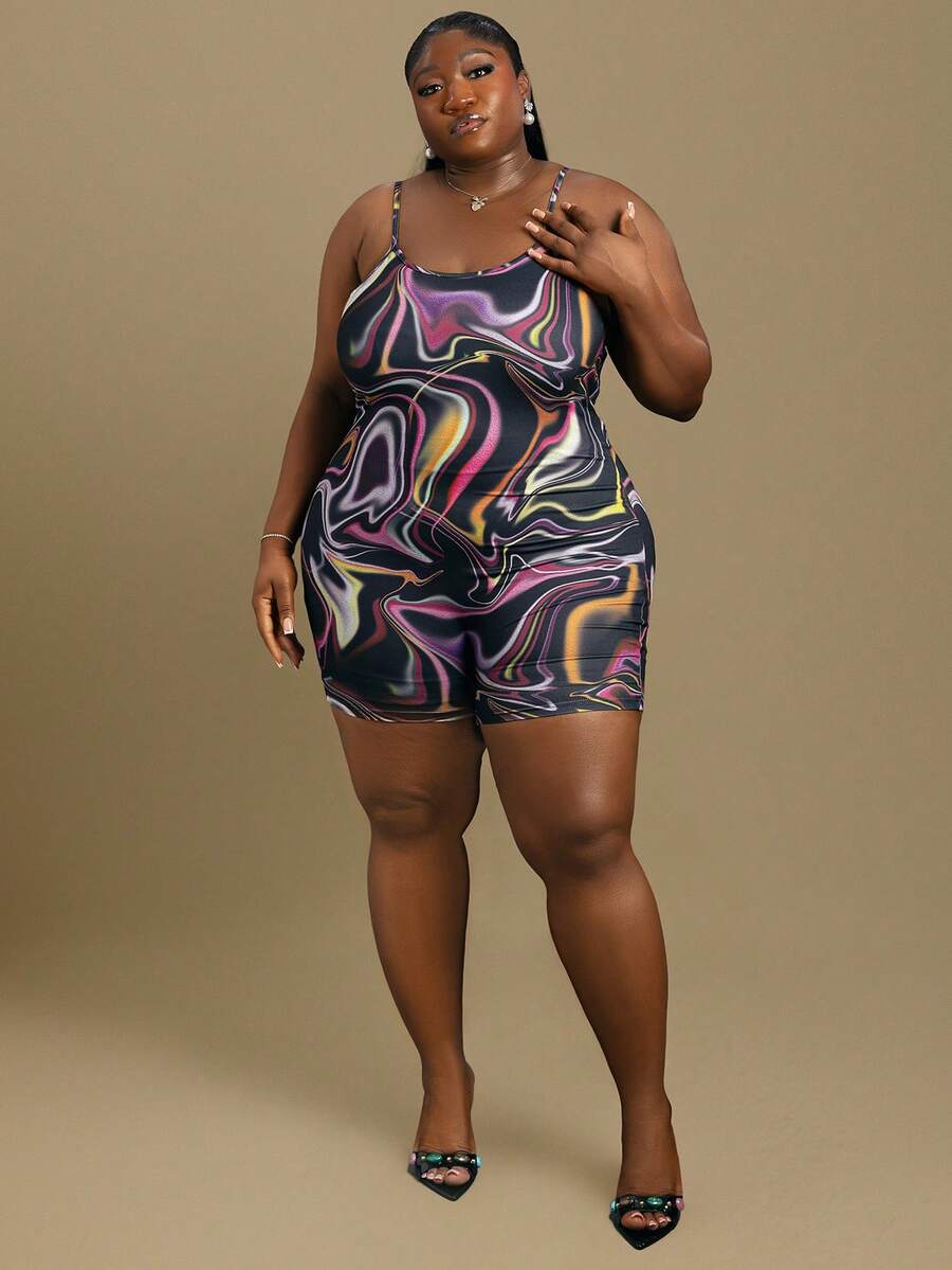 CurvyTilda 1件大尺碼女款無袖波浪紋印花輕量連身褲,適合休閒日常與運動,春/夏度假,適合沙漏型身材 - 彩色 - 查看 1