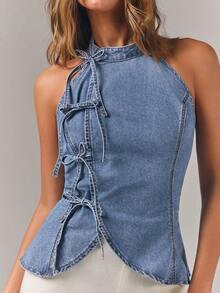 Athîral Denim 女士前系带休闲露背牛仔衬衫 - 中等水洗藍 - 查看 1