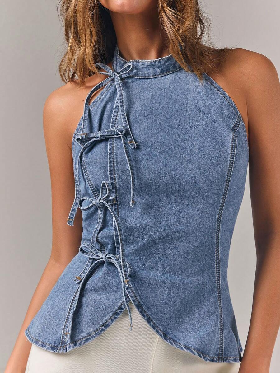 Athîral Denim 女士前系带休闲露背牛仔衬衫 - 中等水洗藍 - 查看 1