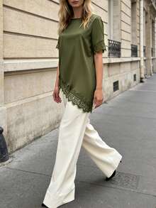 Pariaura Women's New Lace Patchwork Round Neck Short Sleeve Asymmetrical Hem Blouse - Green - View 6