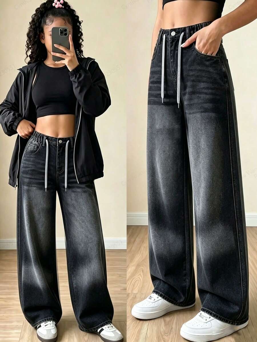 SHEIN Tween Girls Summer Washed Versatile Comfortable Retro Elastic Waist Drawstring Decor Loose Straight Leg Mid-Blue Denim Jeans