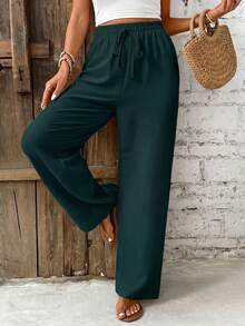 SHEIN Frenchy Women's Solid Color Knotted High Waist Pleated Casual Pants - Dark Green - View 5