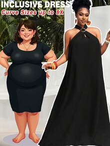 SHEIN CURVE+ 大码女式宽松纯黑色无袖高低摆针织连衣裙，适合休闲、度假、春夏穿着，可作吊带裙穿着。 - 黑色 - 查看 7