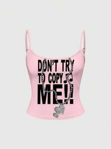 ROMWE Grunge Punk Áo hai dây camisole dây xích slogan màu hồng neon phong cách Y2K Baddie, phù hợp cho lễ hội âm nhạc mùa xuân/hè - Hồng - Xem 1