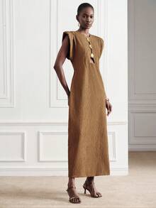 Aveloria Modichic Latte Color Textured Fabric Elegant High-End Party Dress With Hollow Shell Metal Buckle, Oversized Shoulder Design, Casual Vacation Commute Versatile - Coffee - View 3