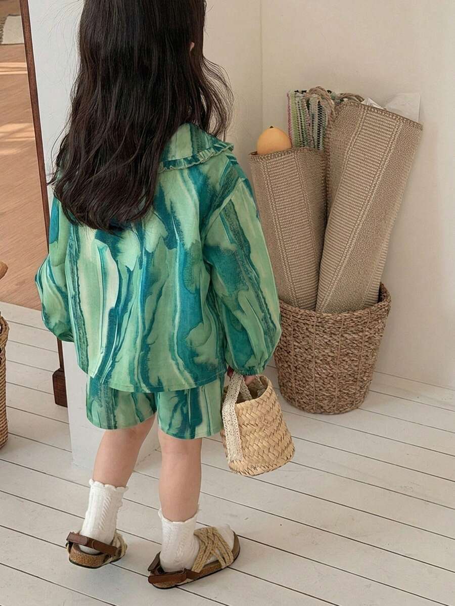 DAZY 婴幼儿女童渐变色度假风春夏韩版长袖衬衫套装 - 綠色 - 查看 1