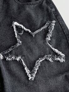 ROMWE MEN Street Life Jeans de mezclilla desgastados con bordado de estrella para hombres - Azul Negro - Ver 4