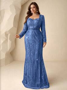 Coutiva Plus Size Elegant Light Blue Square Neck Embroidered Pearl Rhinestone Long Sleeve Mermaid Formal Evening Dress,Winter Formal Party Prom Wedding Guest - Sky Blue - View 3