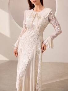 Graceveil Apricot Mesh Patchwork Beaded Embroidered Ruffle Hem Elegant Evening Dress For Women - Apricot - View 6