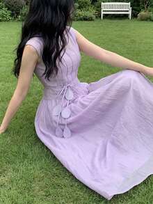 Feyla Plus Size Women Elegant Solid Color Belted Dress Evening Formal Wedding Light Purple Summer - Dusty Purple - View 5