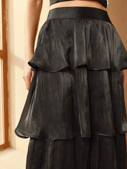 Anewsta Women's Black Shiny Fabric Ruffle Layered A-Line Skirt, Elegant For Party, Casual, Holiday, Beach