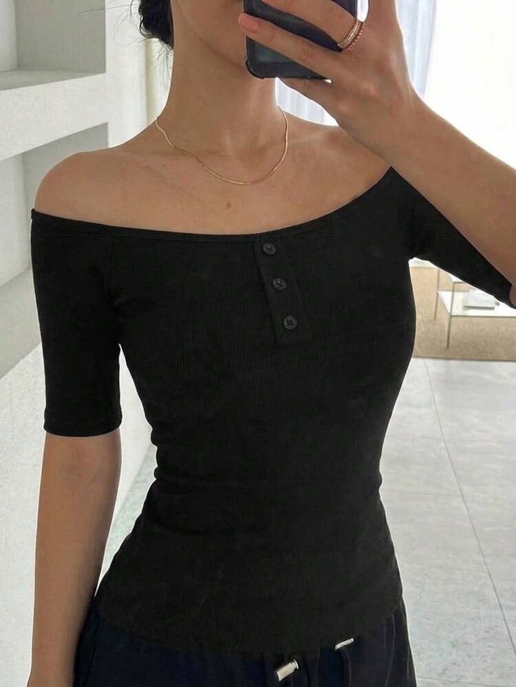 Women's Off-Shoulder Fitted Button Decor Fashion T-Shirt