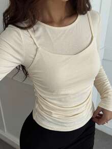 FRIFUL تي شيرت كاجوال للسيدات بأكمام طويلة وياقة مستديرة، بلون أحادي وطيات، موديل 2 في 1، موسم الخريف - لون مشمشي - مشاهدة 1