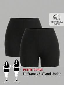 SHEIN PETITE CURVE 大尺碼女款小個子黑色夏季哥德風健身單車短褲，高腰休閒純色，優雅日常穿著度假款 - 黑色 - 查看 1