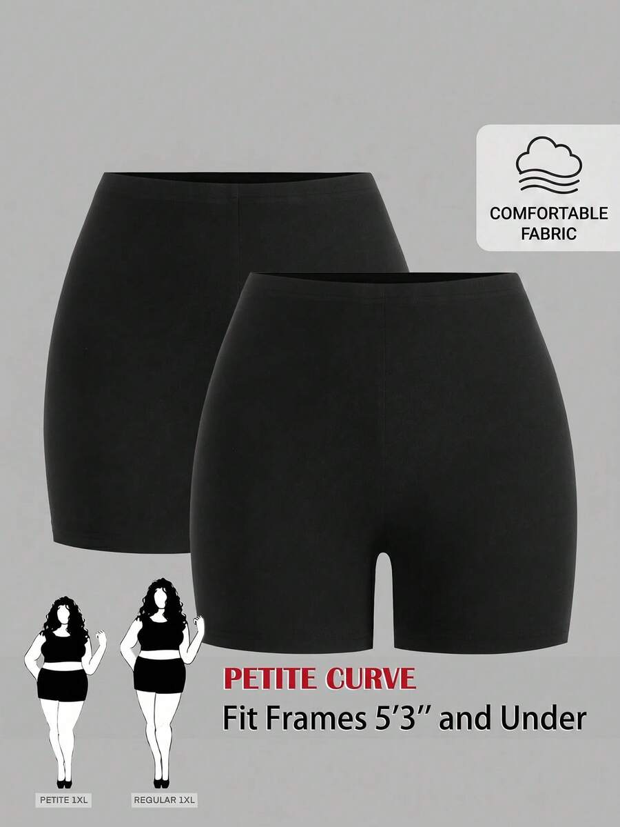 SHEIN PETITE CURVE 大尺碼女款小個子黑色夏季哥德風健身單車短褲,高腰休閒純色,優雅日常穿著度假款 - 黑色 - 查看 1