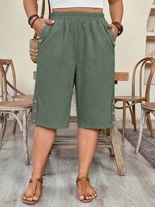Weeklong Pantalones cortos casuales de talla grande con cintura elástica, bolsillos laterales y decoración con remaches - verde menta - Ver 6