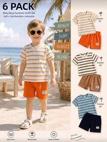 SHEIN 6pcs/Set Young Boy Summer Waffle Stripe Short Sleeve T-Shirt And Shorts 2 Pieces Set - Multicolor - View 3