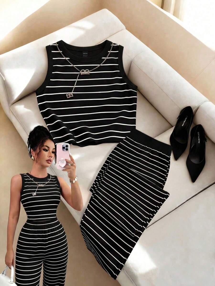 SHEIN Franclia 黑白条纹棉质无袖上衣和阔腿裤套装,面料柔软有弹性,宽松版型。休闲度假风,适合周末出游、端午节及其他节假日穿着。搭配项链,更显精致优雅。 - 黑與白 - 查看 1