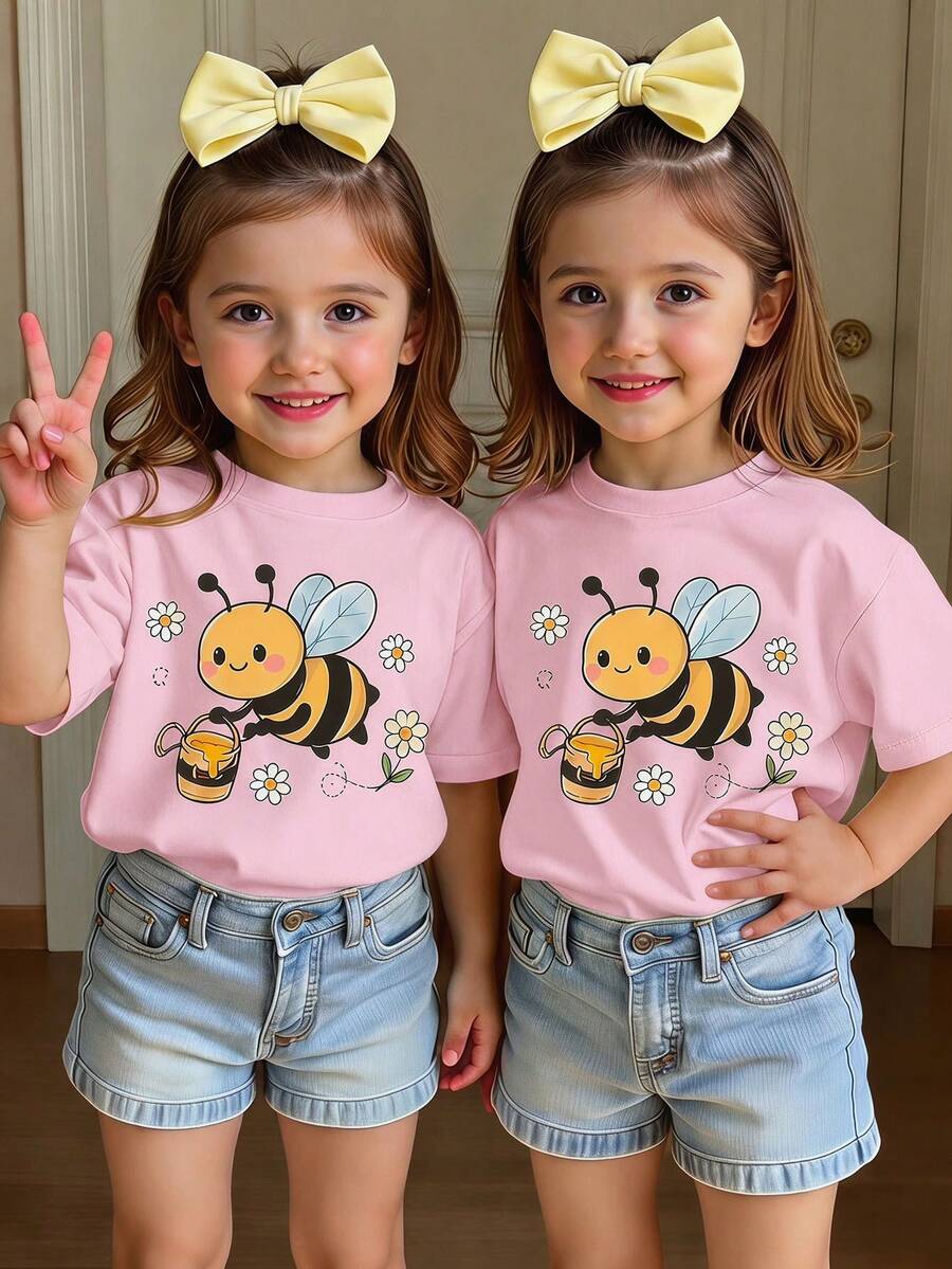 Girls Cute Cartoon BeeFloral Print Baby Pink T-Shirt,Summer Casual Short Sleeve Top,Fashionable Creative Refreshing Minimalist Daily Wear For Kids - Pink - View 1