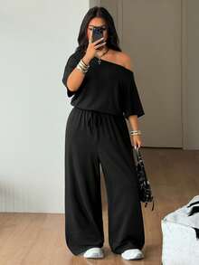 Coolane Women's Plus Size Summer Fall Streetwear Minimalist Casual Basic Daily Wear Open Shoulder Wide Leg Black Jumpsuits Vacation Halloween - Black - View 5