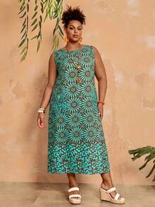 EMERY ROSE Women's Plus Size Brown Floral Print Round Neck Sleeveless Dress,Boho Summer Vacation Holiday Beach Outfits,Spring Casual Country Style Clothing - Multicolor - View 4