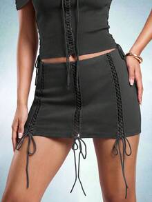 Normani Chân váy ngắn dây chéo thời trang dành cho nữ, thích hợp cho mùa hè. - Xám - Xem 1