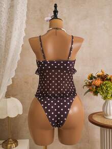Swim Mod Conjunto de traje de baño tankini de 2 piezas con estampado de lunares, tirantes finos, decoración de lazo con volantes y top triangular, talla estándar para mujer - Café integral - Ver 6