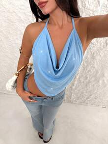 Firerie Top halter con frente drapeado y espalda descubierta para fiesta - Azul - Ver 5