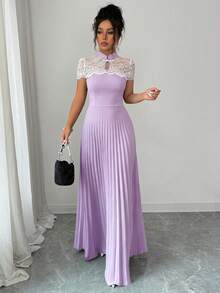 SHEIN Clasi Stand Collar Lace Fabric Splicing Contrasting Color Waist Cinching Elegant Casual Women's Pleated Dress Wedding Dinner White Summer - Multicolor - View 6