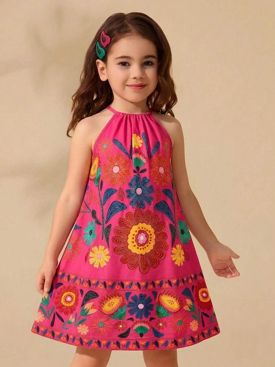 Travachic KIDS Đầm cổ yếm dệt họa tiết retro phong cách Travachic dành cho bé gái tuổi teen, trang phục đi nghỉ mát mùa hè, trang phục thường ngày. - Nhiều màu - Xem 1