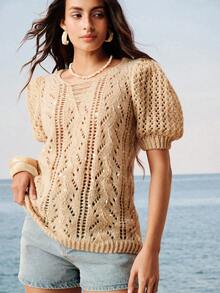 Arave Áo kiểu Pháp cổ điển dệt kim rỗng tay cánh hoa đính sequin - Màu Khaki - Xem 4
