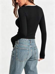 INAWLY Women's Casual Crew Neck Long Sleeve Tee, Spring & Summer For Spring Fall - Black - View 2
